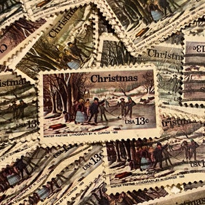 Arte filatélico, Pasatiempo invernal, N. Currier, 1855, Navidad, EE. UU., 13 centavos, sellos usados