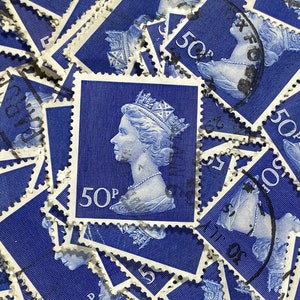 Stamp Art, Deep Ultramarine, Queen Elizabeth II, Machin, Groot-Brittannië, grote gebruikte postzegels, 50p