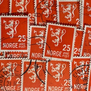 Arte de carimbo, laranja, brasão, leão, 25 minério, Noruega, selos usados