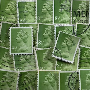 Stamp Art, geelachtig groen, Queen Elizabeth II, Machin, 8,5 p, Groot-Brittannië, gebruikte postzegels