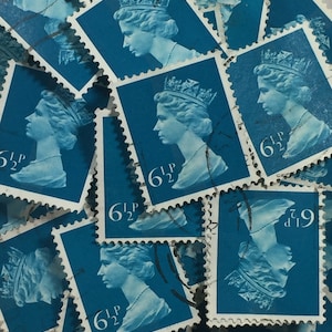 Stamp Art, groenachtig blauw, koningin Elizabeth II, Machin, Groot-Brittannië, gebruikte postzegels, 6,5p
