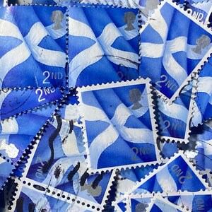 Stamp Art, Blau Weiß, Flagge Schottland, Großbritannien, gebrauchte Stempel