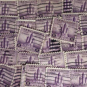 Stamp Art, Purple, Chicago 1833-1933, Federal Building, 3 centavos, EUA, selos usados