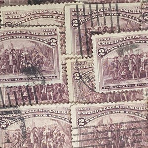 Arte de sellos, púrpura, 1892, desembarco de Colón, 2 centavos, EE. UU., sellos usados de gran tamaño