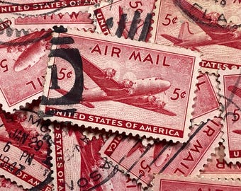 Stamp Art, Red, Air Mail, Transport Plane, 5 cents, USA, large used stamps