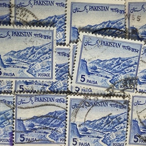 Stamp Art, bleu, JARDINS DE SHALIMAR, 5 pays, Pakistan, grands timbres oblitérés