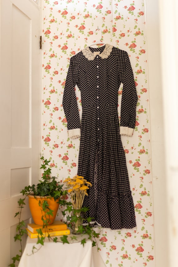 1970's gunne sax button up navy midi dress