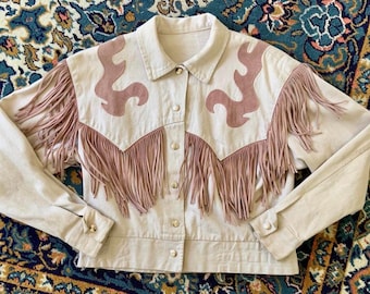 Vintage Light Pink Denim Jacket with Leather Fringe