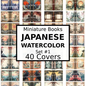 以下が含まれることがあります： 日本の水彩画のデザインが施された、印刷可能な本の表紙40点セット。ミニチュアブック、ジャーナル、スクラップブックの作成に最適です。デザインには、桜、山、寺院など、伝統的な日本のテーマが取り入れられています。