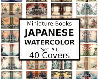 40 Japanse aquarel miniatuurboekomslagen, downloadbare afdrukbare boeken, set #1