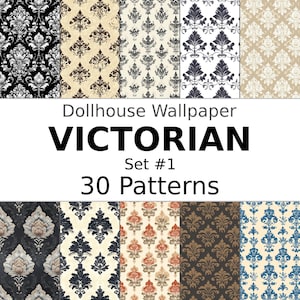 30 viktorianische Puppenhaus-Tapeten, herunterladbare, druckbare Muster, Set #1
