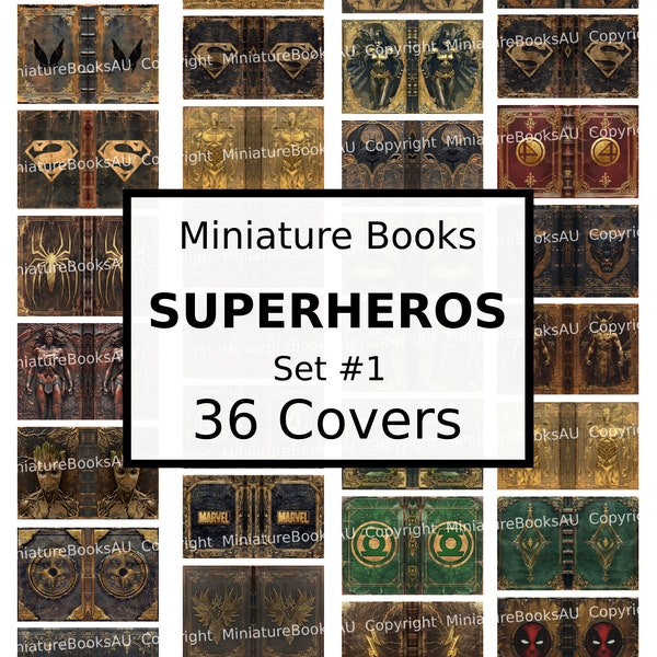 36 Superheros Miniature Book Covers, Downloadable Printable Books, Set #1