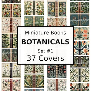 Op de afbeelding: Een collage van 37 boekomslagen met botanische illustraties. De omslagen zijn een mix van kleuren en patronen, waaronder groen, bruin, rood en wit. De tekst "Miniature Books BOTANICALS Set #1 37 Covers" wordt in het midden van de collage weergegeven.