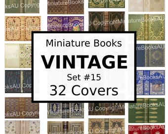 May include: A set of 32 vintage book covers, each with a unique design. The covers are all different colors and have intricate details. The set is titled "Miniature Books Vintage Set #15 32 Covers".