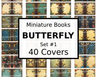 Può includere: Un set di 40 copertine di libri stampabili con tema farfalla. Le copertine sono di vari colori e presentano disegni in stile vintage con farfalle.