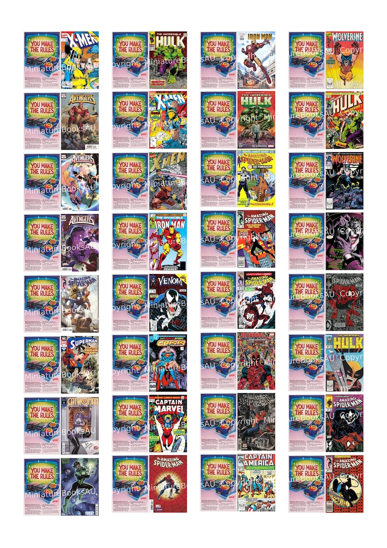 May include: A collage of 36 miniature comic book covers featuring various Marvel characters, including Spider-Man, Hulk, Iron Man, Captain Marvel, and Wolverine. Each cover has a blue and white border with the text "You Make The Rules".