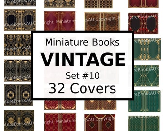 May include: A set of 32 vintage miniature book covers with ornate designs in gold, black, red, and green. The covers feature intricate patterns and typography. The text on the image reads "Miniature Books Vintage Set #10 32 Covers".