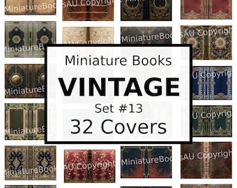 May include: A set of 32 vintage book covers, each with a unique design. The covers are all different colors and have various patterns and textures. The text on the image reads "Miniature Books Vintage Set #13 32 Covers".
