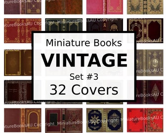 May include: A set of 32 vintage book covers, each with a unique design. The covers are all different colors and have various patterns and textures. The text on the covers reads "Miniature Books Vintage Set #3 32 Covers".