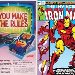 May include: A vintage comic book cover featuring Iron Man in a red and gold suit, with the text "The Invincible Iron Man" and "Framed for murder... Iron Man fights back - against the man called HAMMER!"