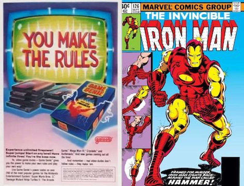 May include: A vintage comic book cover featuring Iron Man in a red and gold suit, with the text "The Invincible Iron Man" and "Framed for murder... Iron Man fights back - against the man called HAMMER!"