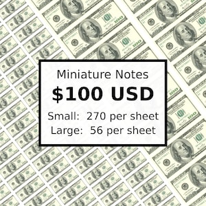 ミニチュア印刷可能な 100 ドル紙幣 | 教育目的のみ、即時ダウンロード、プレイマネー
