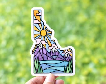 Idaho Sticker, Stained Glass Mountain Idaho Vinyl Sticker, Stained Glass Idaho Sticker, Idaho State Sticker