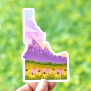 Idaho Sticker, Idaho Vinyl Sticker with Mountain Sunset Wildflowers Illustration - Mountain Idaho Sticker, Idaho State Sticker