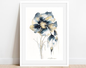 May include: Abstract watercolor painting of a blue and gold flower with a white background.
