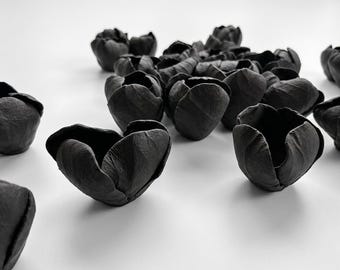 Hand-sculpted Black Clay Tulip Wall Sculpture – Botanical Wall Flower Art Set of 24