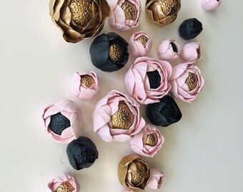Pink, Black & Gold Rose Wall Flowers – Set of 18 Handmade Clay Ball Roses