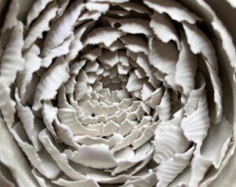 Hand-Sculpted Clay Peony Wall Art – 3D Floral Tile on Black Canvas