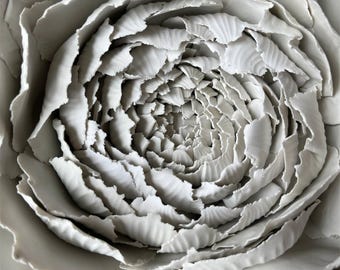 Hand-Sculpted Clay Peony Wall Art – 3D Floral Tile on Black Canvas