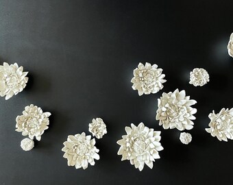 Chrysanthemum Flower Set – Floral Wall Clay Sculpture, 14 Piece