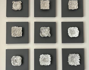 Hand-Sculpted White Flower on Canvas Art - Modern Minimalist Set of 9