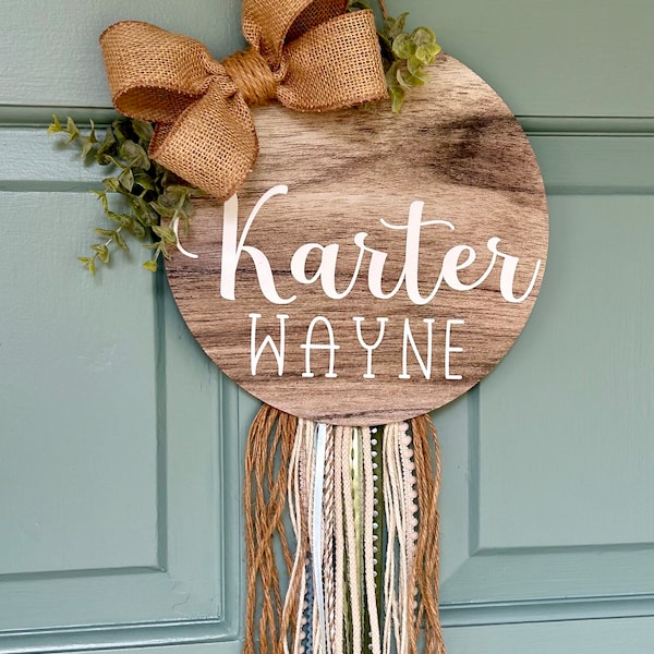 Boho Farmhouse Baby Boy Hospital Door Hanger Nursery Decor Personalized Custom Made Faux Wood Round Metal Sign Decor Brown Blue Green