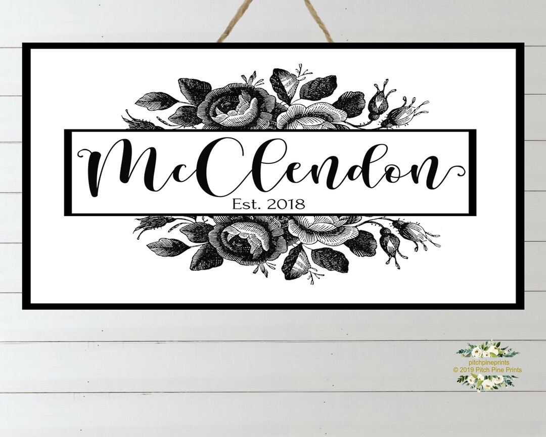 Personalized Family Name Sign Door Hanger Black and White Floral ...