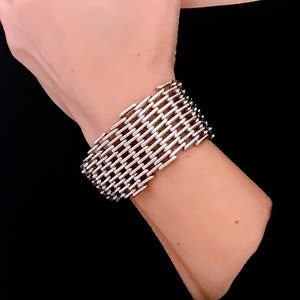 Vintage Diamond Shaped Gate Chain Link Bracelet, Retro Bold 925 Silver Tapered Rectangular Brick Panther Link Bracelet, Art Deco Mid Century