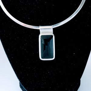 Vintage Mexico Black Onyx Sterling Silver Rectangular Pendant, Modern Contemporary Sculptural Rectangle Black Stone Pendant, Chunky Square