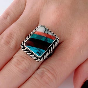 Vintage Taxco Multi Stones Inlay Rectangular Dome Ring, Double Rope Twisted Band Mosaic Stone Geometric Bezel Dome Chunky Oxidized Accent