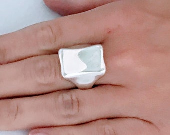 RLM Robert Lee Morris Rectangular Concave Dome Ring 925 Sterling Silver, Designer Big Heavy Statement Ring, Chunky Modernist Thick Wide Band