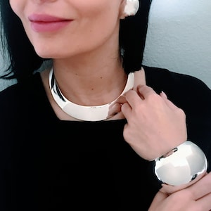 VTG Modernist Extra Tall Wide High Polish Domed Cuff Bracelet 925 Sterling Silver, Retro Mexico Shiny Smooth Half Round Oversized Dome Cuff