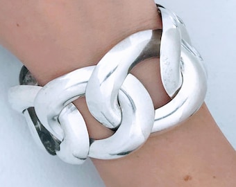 Vintage Taxco Mexico Flat Domed Wide Curb Link Statement Bracelet, Retro Substantial Modernist 925 Silver Flat Cuban Link Bracelet Big Heavy