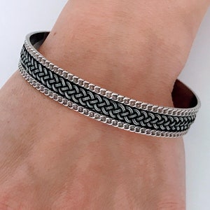 VTG Chunky Flat Braid Weave Accent 925 Sterling Silver Cuff Bracelet, Bali Southwest Ethnic Style Twisted Braided Rope Piping Oxidized Cuff