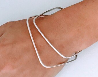 Set Of Two Square Geometric Stacking Bangle Bracelet 925 Sterling Silver, Pair Retro Modernist Minimalist Polygon Layering Stackable Bangles