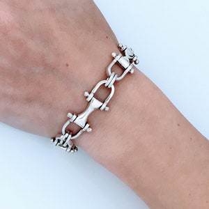 Retro Modernist Link Bracelet 925 Sterling Silver, Heavy Horse Snaffle Bit Horseshoe Stirrup Link Bracelet, Bold Equestrian Chain Bracelet