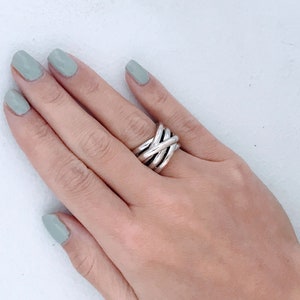 Vintage Designer Ross Simons Sterling Silver Multi Band Row Cross Over Band Ring, Chunky Wide Interlocked Wrap Around Coiled Woven Open Ring