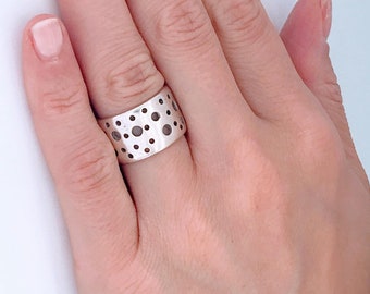 SILVER925 WIDE PLATE DESIGN RING/シルバーリング Vintage Modernist Wide Cut Out Circles Bubbles Sterling