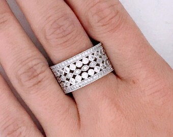 Retro Thick Wide Sterling Silver Cubic Zirconia Micropave Multi Row Eternity Band Ring, YGI Chunky 925 Silver Clear Stones Pave Ring