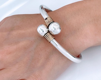 Vintage Modernist Sterling Silver Two Tone Hinged Bypass Bangle Bracelet, Vintage Mexico 925 Double End Ball Bead Sphere Bangle Cuff